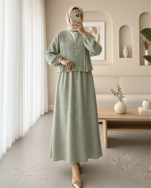 Kolu Bağlamalı Önü Düğmeli Etekli Takım    -Çağla Y.-Takım-307-2291-R70