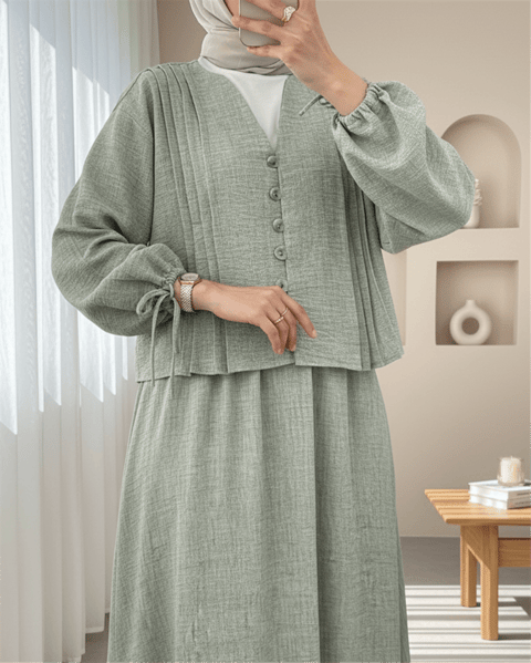 Kolu Bağlamalı Önü Düğmeli Etekli Takım    -Çağla Y.-Takım-307-2291-R70
