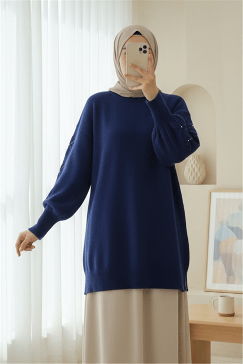Kolu Çiçek Detaylı Yuvarlak Yaka Yumoş Triko Kazak -Laci-Kazak-295-4526-R03