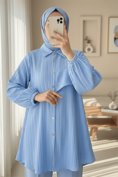 Kolu Fırfır Detaylı  Lastikli Tunik -Bebe Mavi-Tunik-346-3072-R32