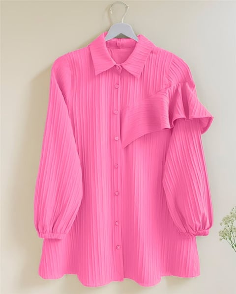 Kolu Fırfır Detaylı  Lastikli Tunik -Pembe-Tunik-346-3072-R20
