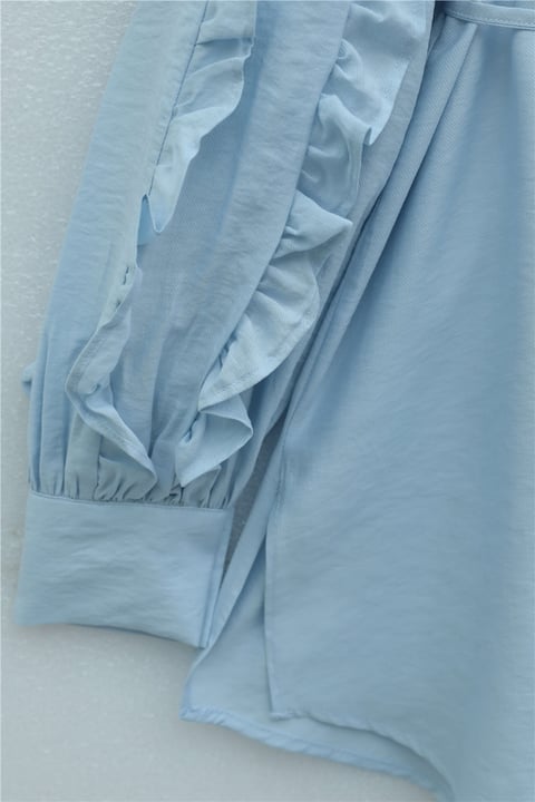 Kolu Fırfırlı Taşlı Düğmeli Bağlamalı Gömlek  -Buz Mavi-Tunik-307-0061-R37