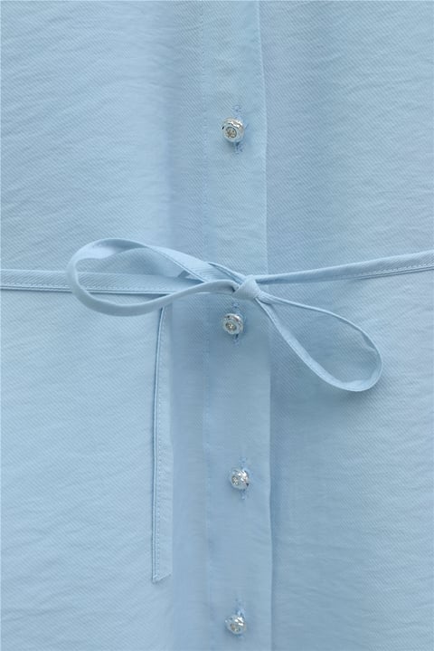 Kolu Fırfırlı Taşlı Düğmeli Bağlamalı Gömlek  -Buz Mavi-Tunik-307-0061-R37