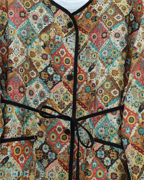 Kolu Katlamalı Beli Bağcıklı Etnik Desen Ceket -Çağla Y.-Ceket-238-3152-R70