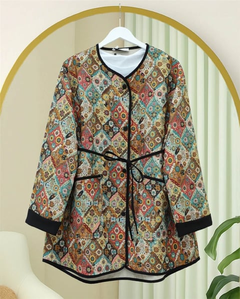 Kolu Katlamalı Beli Bağcıklı Etnik Desen Ceket -Çağla Y.-Ceket-238-3152-R70