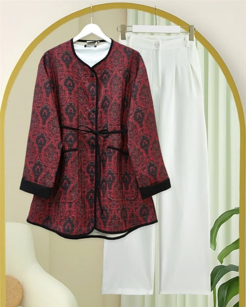 Kolu Katlamalı Beli Bağcıklı Etnik Desen Ceket -Bordo-Ceket-238-3152-R04