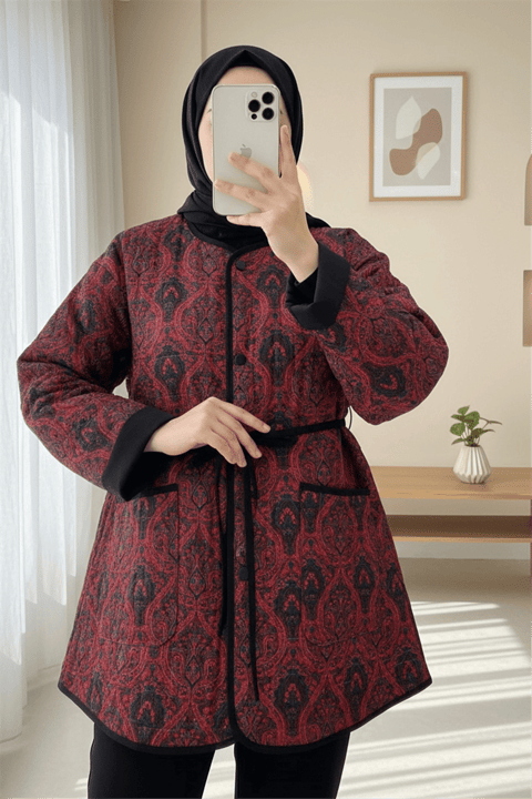 Kolu Katlamalı Beli Bağcıklı Etnik Desen Ceket -Bordo-Ceket-238-3152-R04