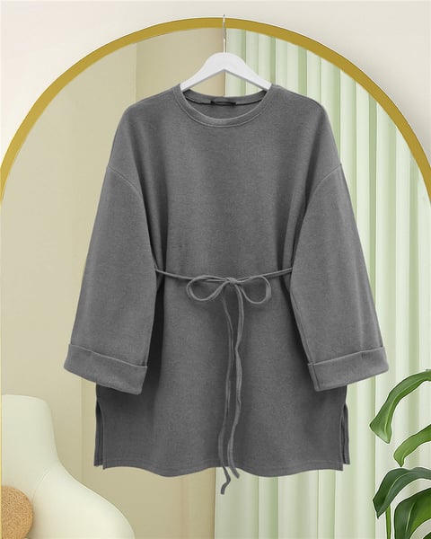 Kolu Katlı Beli Bağlamalı Yırtmaçlı Kaşkorse Tunik -Gri-Tunik-253-13113-R11