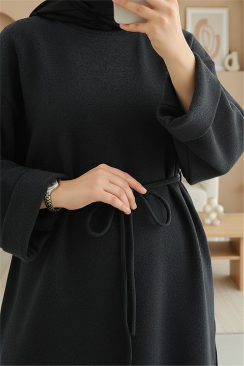 Kolu Katlı Beli Bağlamalı Yırtmaçlı Kaşkorse Tunik-Antrasit-Tunik-253-13113-R64