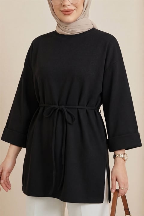 Kolu Katlı Beli Bağlamalı Yırtmaçlı Kaşkorse Tunik -Siyah-Tunik-253-13113-R01