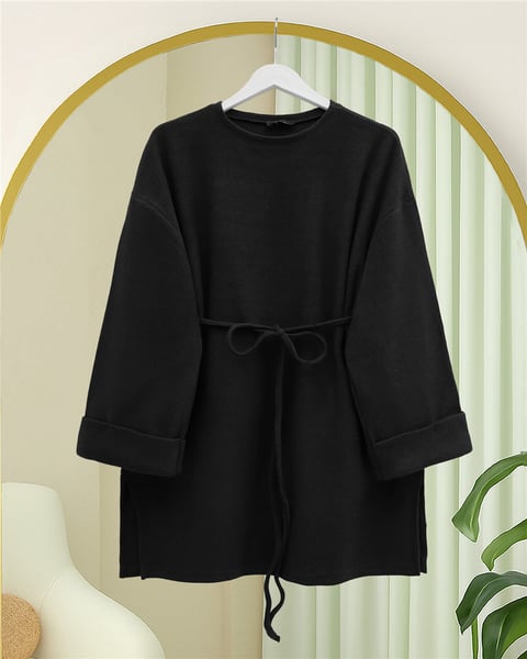 Kolu Katlı Beli Bağlamalı Yırtmaçlı Kaşkorse Tunik -Siyah-Tunik-253-13113-R01