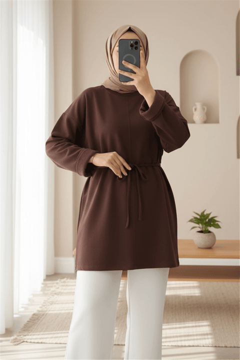 Kolu Katlı Beli Bağlamalı Yırtmaçlı Penye Tunik -K. Kahve-Tunik-349-7087-R54