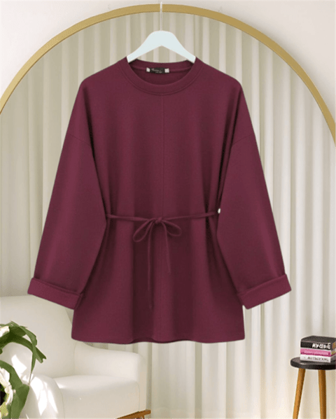 Kolu Katlı Beli Bağlamalı Yırtmaçlı Penye Tunik -Bordo-Tunik-349-7087-R04