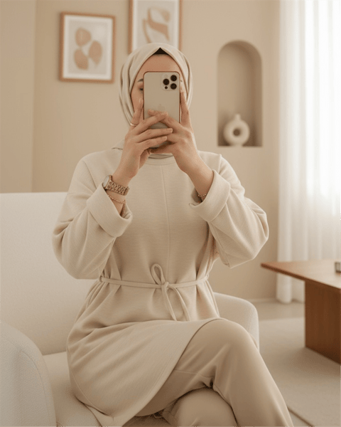 Kolu Katlı Beli Bağlamalı Yırtmaçlı Penye Tunik -Bej-Tunik-349-7087-R56