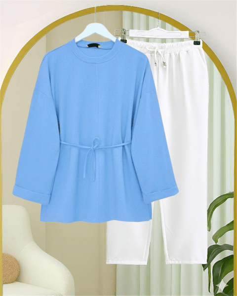 Kolu Katlı Beli Bağlamalı Yırtmaçlı Penye Tunik -Mavi-Tunik-349-7087-R31