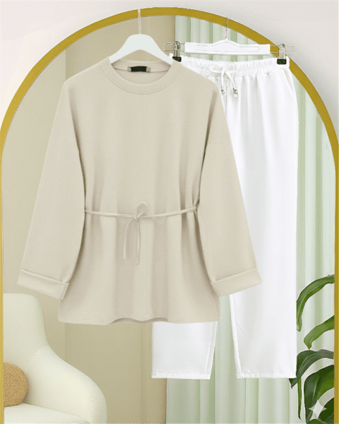 Kolu Katlı Beli Bağlamalı Yırtmaçlı Penye Tunik -Bej-Tunik-349-7087-R56