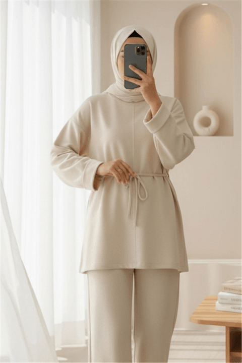 Kolu Katlı Beli Bağlamalı Yırtmaçlı Penye Tunik -Bej-Tunik-349-7087-R56