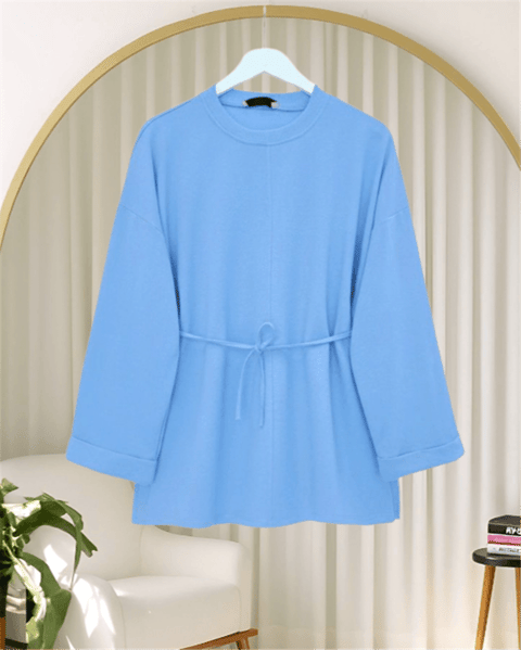 Kolu Katlı Beli Bağlamalı Yırtmaçlı Penye Tunik -Mavi-Tunik-349-7087-R31