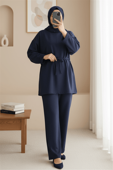 Kolu Katlı Beli Bağlamalı Yırtmaçlı Penye Tunik -Laci-Tunik-349-7087-R03