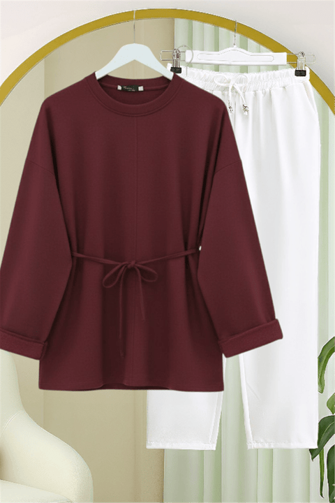 Kolu Katlı Beli Bağlamalı Yırtmaçlı Penye Tunik -Bordo-Tunik-349-7087-R04