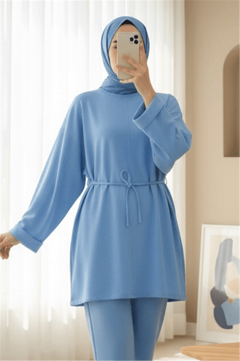Kolu Katlı Beli Bağlamalı Yırtmaçlı Penye Tunik -Mavi-Tunik-349-7087-R31