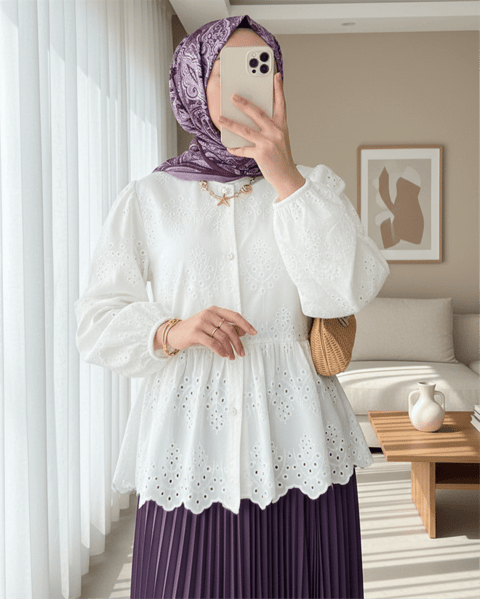 Kolu Lastikli Ajurlu Düğmeli Astarlı Gömlek -Beyaz-Gömlek-144-5003-R02