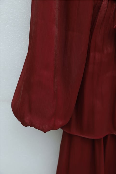 Kolu Lastikli Beli Bağcıklı Eteği Katlı Janjan Şifon Elbise -Bordo-Elbise-451-1212-R04
