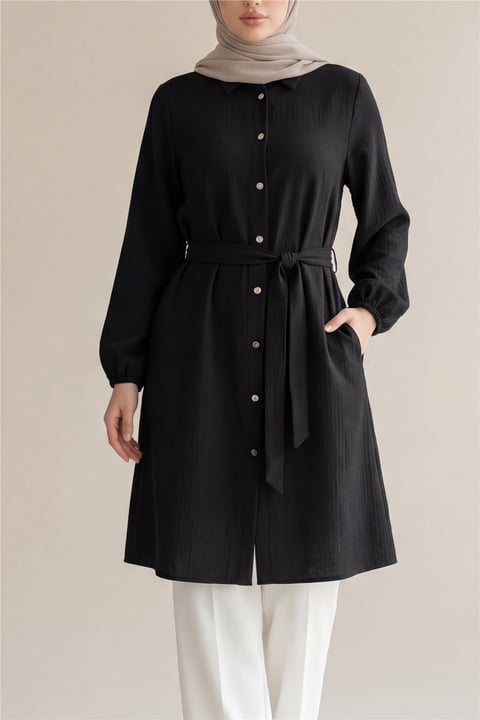 Kolu Lastikli Beli Bağcıklı Uzun Müslin Tunik -Siyah-Tunik-346-12602-R01