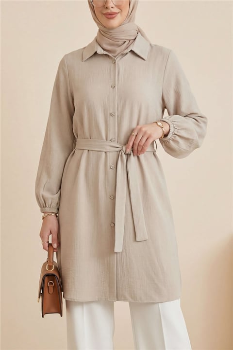 Kolu Lastikli Beli Bağcıklı Uzun Müslin Tunik -Bej-Tunik-346-12602-R56
