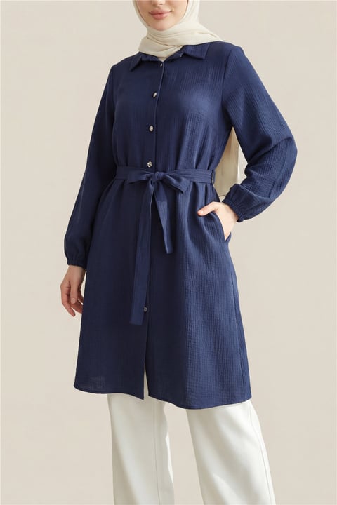 Kolu Lastikli Beli Bağcıklı Uzun Müslin Tunik -Laci-Tunik-346-12602-R03