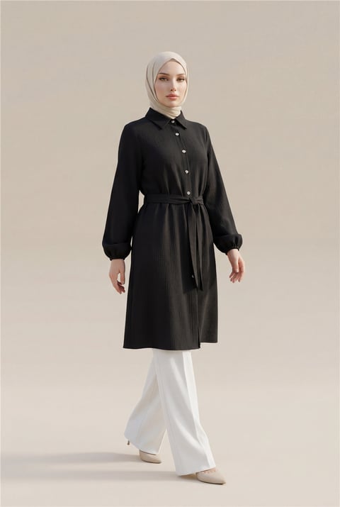 Kolu Lastikli Beli Bağcıklı Uzun Müslin Tunik -Siyah-Tunik-346-12602-R01