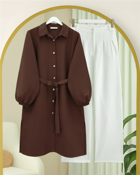 Kolu Lastikli Beli Bağcıklı Uzun Müslin Tunik -Kahve-Tunik-346-12602-R15