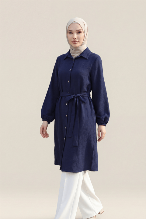 Kolu Lastikli Beli Bağcıklı Uzun Müslin Tunik -Laci-Tunik-346-12602-R03