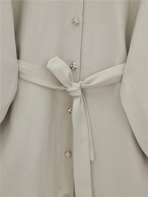 Kolu Lastikli Beli Bağcıklı Uzun Müslin Tunik -Bej-Tunik-346-12602-R56
