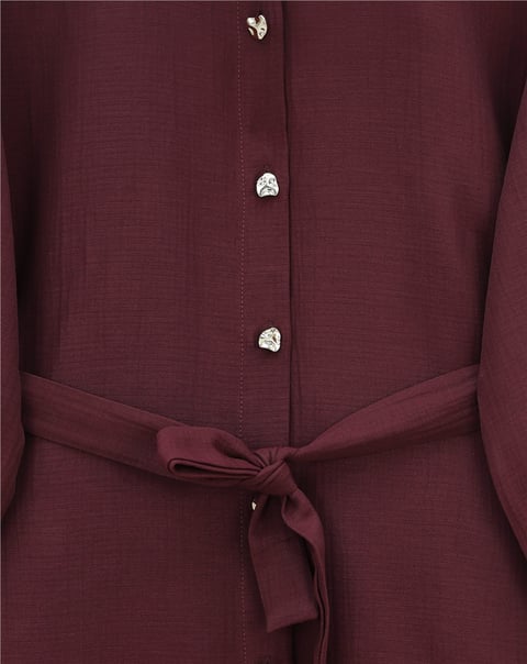 Kolu Lastikli Beli Bağcıklı Uzun Müslin Tunik -Bordo-Tunik-346-12602-R04