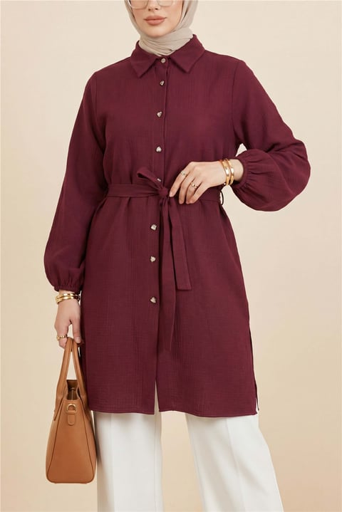 Kolu Lastikli Beli Bağcıklı Uzun Müslin Tunik -Bordo-Tunik-346-12602-R04