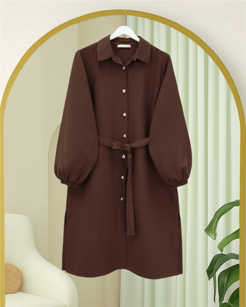 Kolu Lastikli Beli Bağcıklı Uzun Müslin Tunik -Kahve-Tunik-346-12602-R15