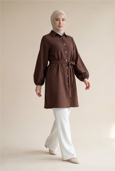 Kolu Lastikli Beli Bağcıklı Uzun Müslin Tunik -Kahve-Tunik-346-12602-R15