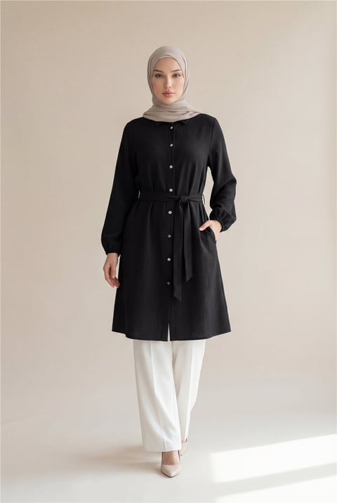 Kolu Lastikli Beli Bağcıklı Uzun Müslin Tunik -Siyah-Tunik-346-12602-R01