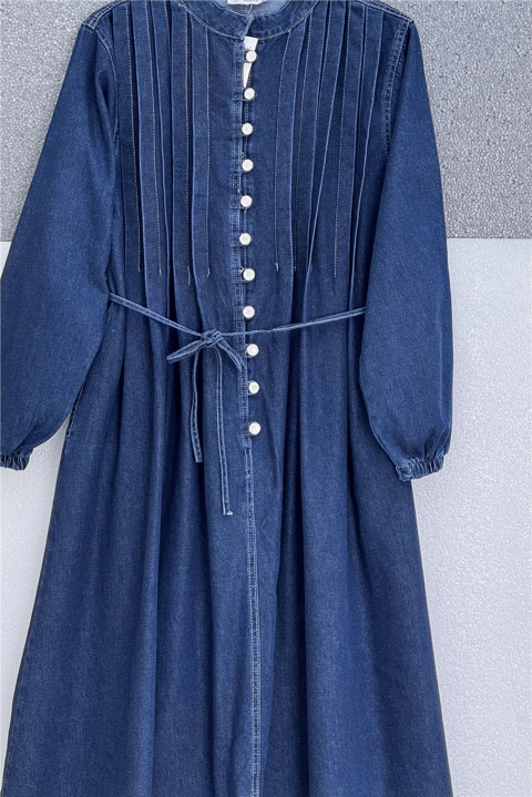 Kolu Lastikli Beli Bağcıklı Yarım Düğmeli Kot Elbise -Laci-Elbise-197-6144-R03