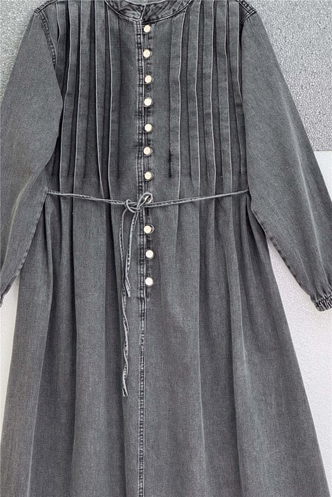Kolu Lastikli Beli Bağcıklı Yarım Düğmeli Kot Elbise -Füme-Elbise-197-6144-R18