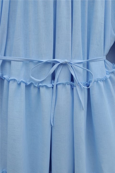 Kolu Lastikli Beli Bağlamalı Katlı Fırfır Detaylı Elbise  -Bebe Mavi-Elbise-307-0063-R32
