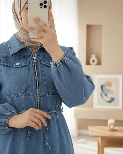 Kolu Lastikli Beli Tünel Bağcıklı Cepli Kot Elbise  -Mavi-Elbise-349-202502-R31