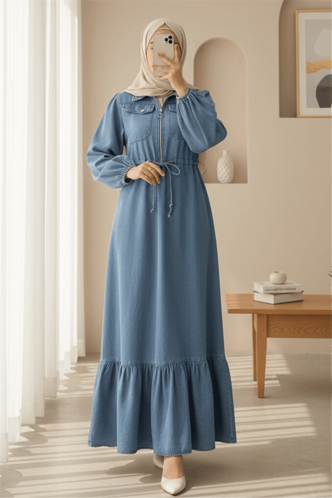Kolu Lastikli Beli Tünel Bağcıklı Cepli Kot Elbise  -Mavi-Elbise-349-202502-R31
