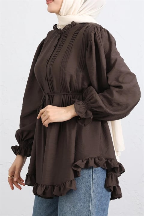 Kolu Lastikli Fırfır Detaylı Beli Bağcıklı Nervürlü Cupra Tunik -Koyu Kahverengi-Tunik-307-0109-R54