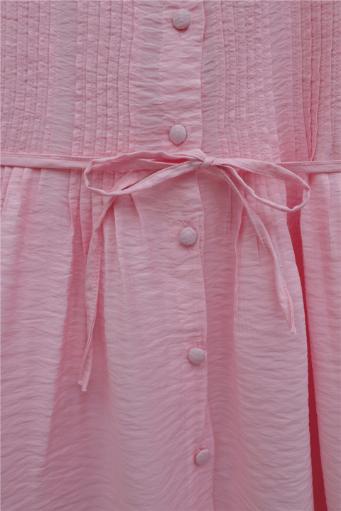 Kolu Lastikli Fırfır Detaylı Beli Bağcıklı Nervürlü Cupra Tunik  -Pembe-Tunik-307-0109-R20