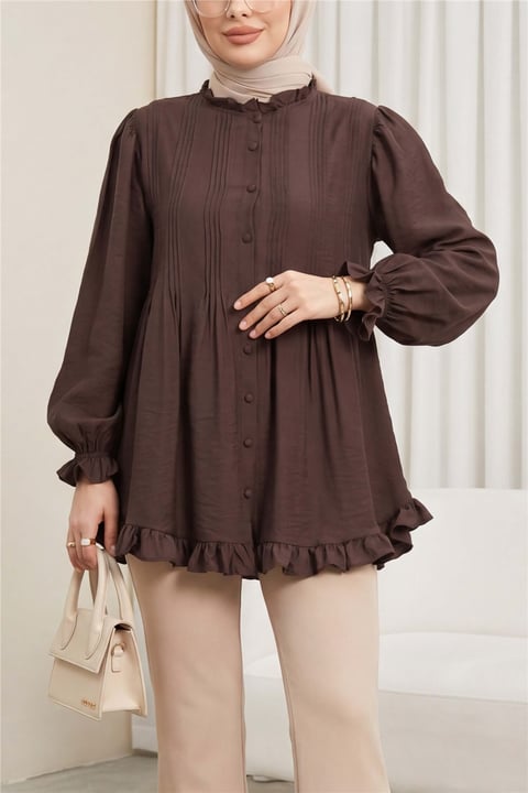 Kolu Lastikli Fırfır Detaylı Beli Bağcıklı Nervürlü Cupra Tunik -Koyu Kahverengi-Tunik-307-0109-R54