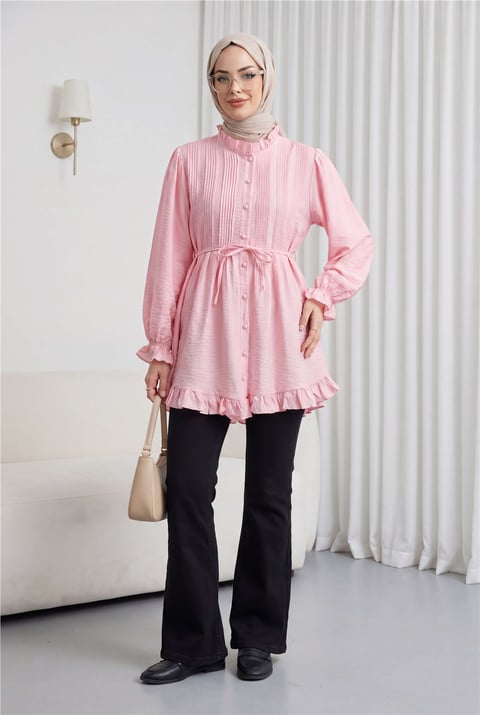 Kolu Lastikli Fırfır Detaylı Beli Bağcıklı Nervürlü Cupra Tunik  -Pembe-Tunik-307-0109-R20