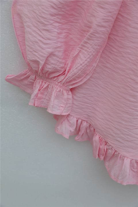 Kolu Lastikli Fırfır Detaylı Beli Bağcıklı Nervürlü Cupra Tunik  -Pembe-Tunik-307-0109-R20