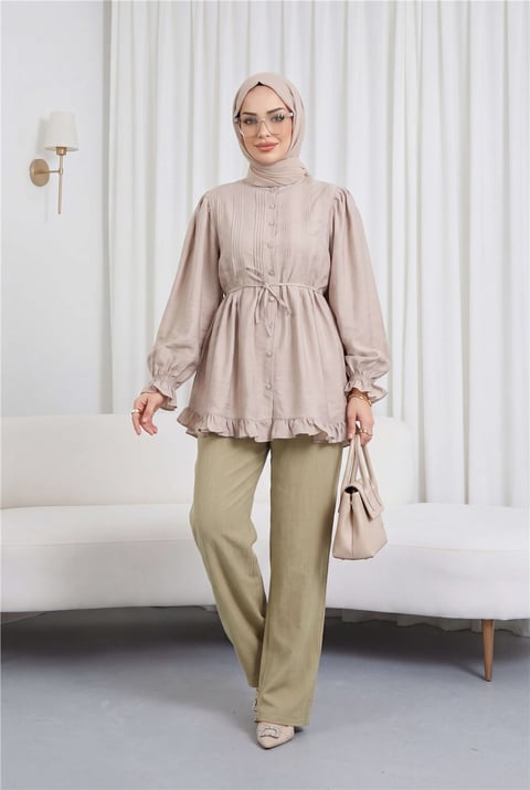 Kolu Lastikli Fırfır Detaylı Beli Bağcıklı Nervürlü Cupra Tunik -Bej-Tunik-307-0109-R56